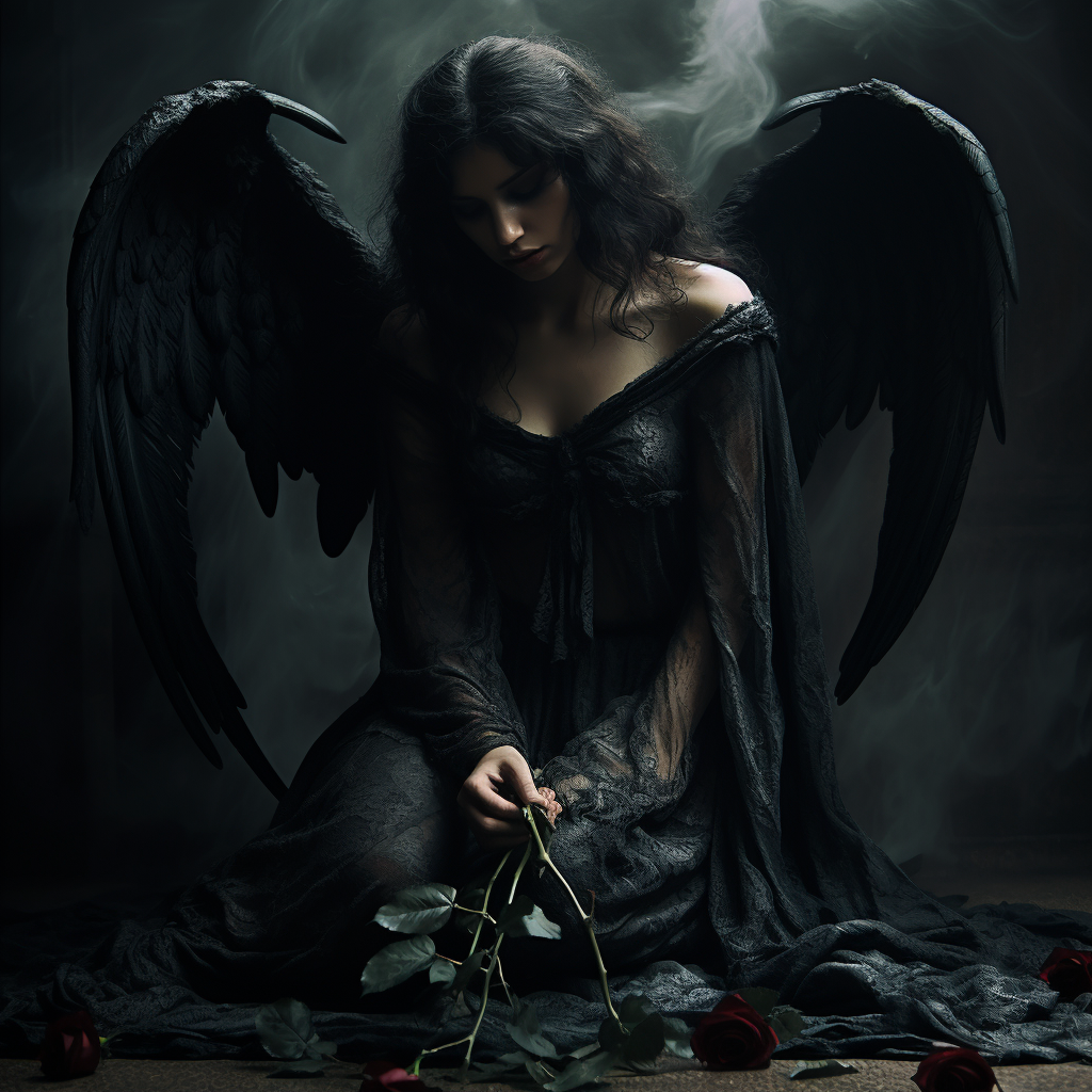 Crying angel with black rose