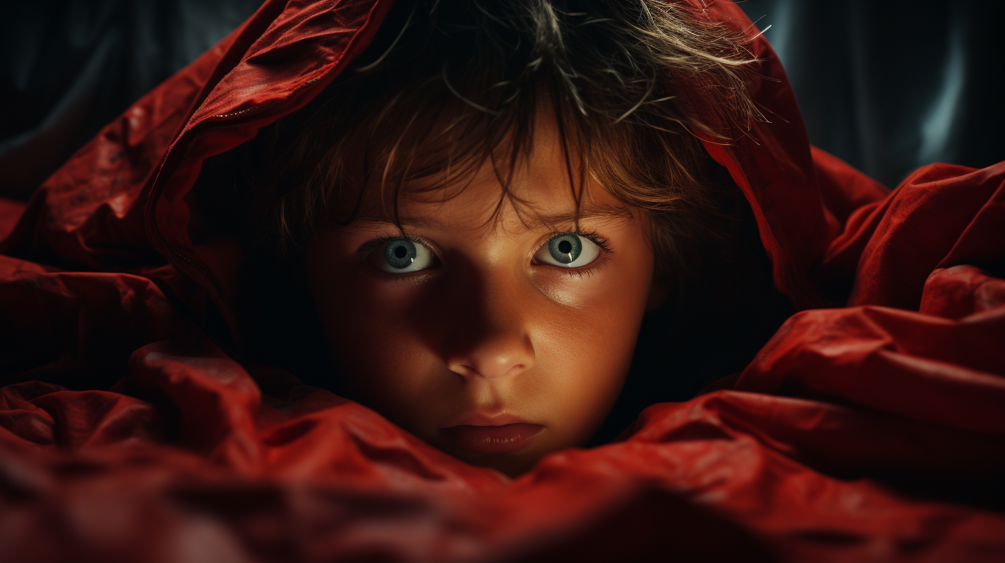 Little boy hiding under bed, covered in ketchup