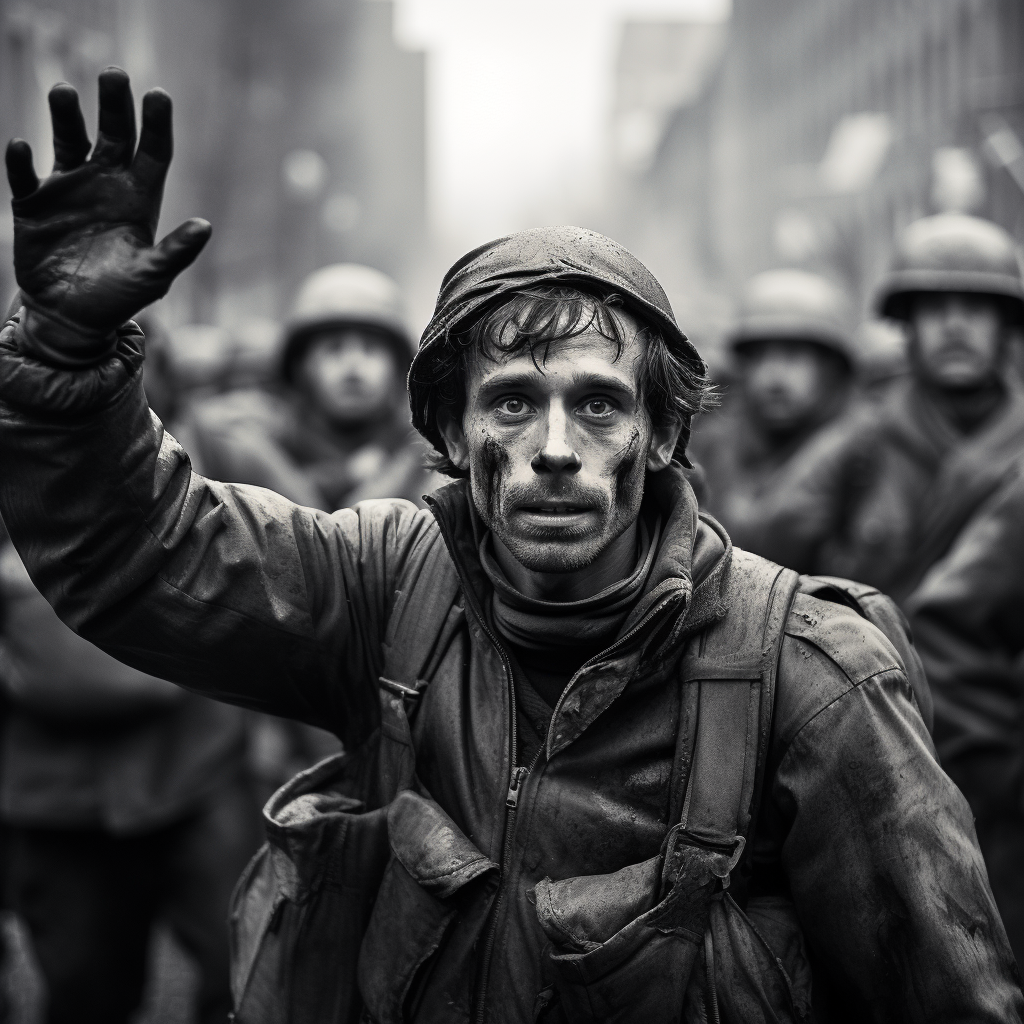 Man Crying with Raised Hands as Soldier Points Weapon