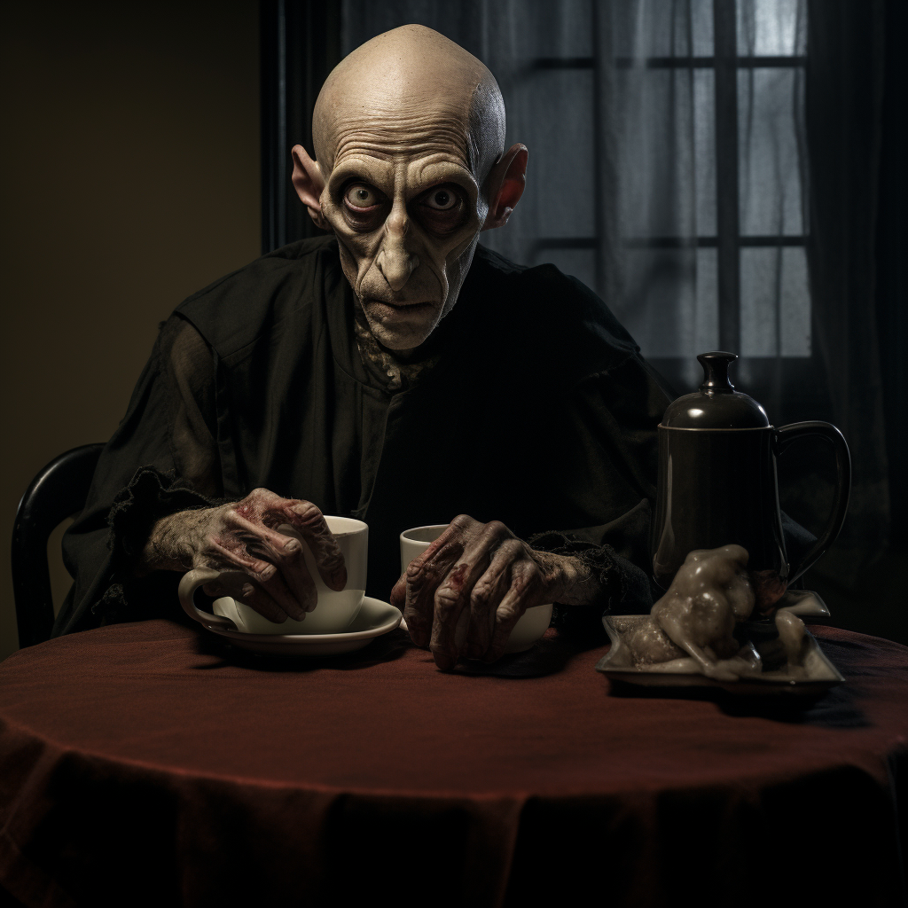 Sad Nosferatu at Table with Empty Coffee Pot