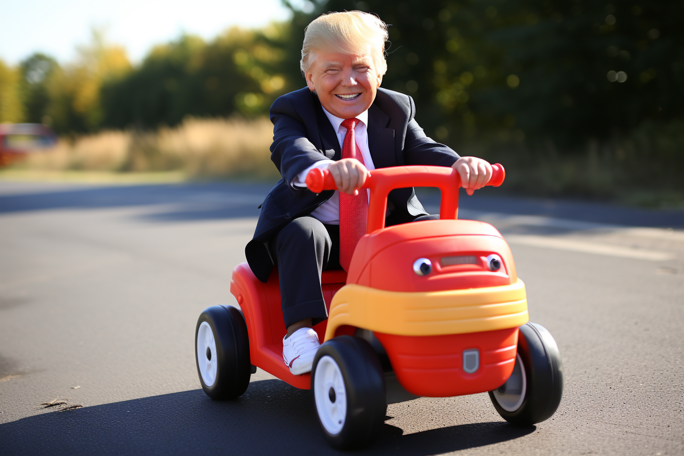 Crying Trump driving Little Tikes Cozy Coupe