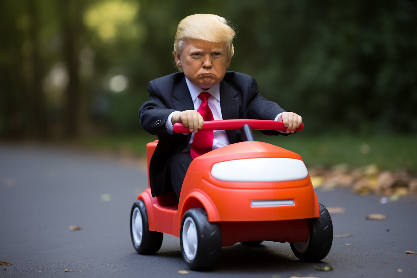 Crying Trump driving little tykes car