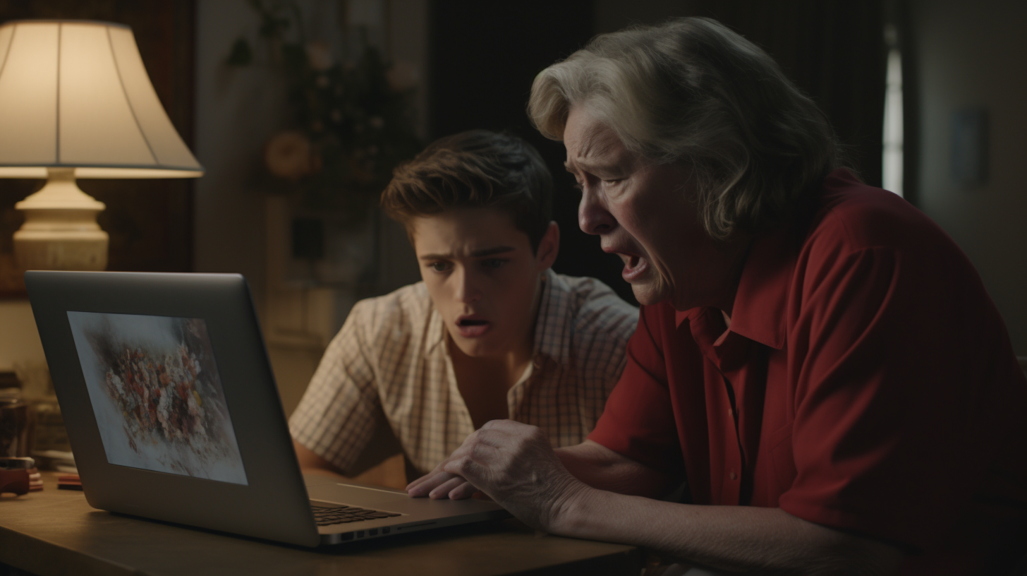 Woman crying with her mother using a computer