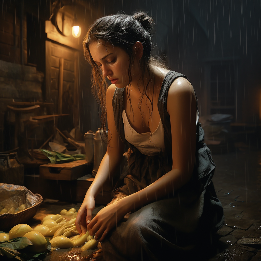 Photorealistic portrait of woman chopping onions in the rain