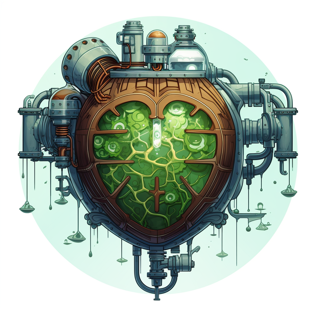 Steampunk Cartoon Cryogen with Green Water and Small Brain