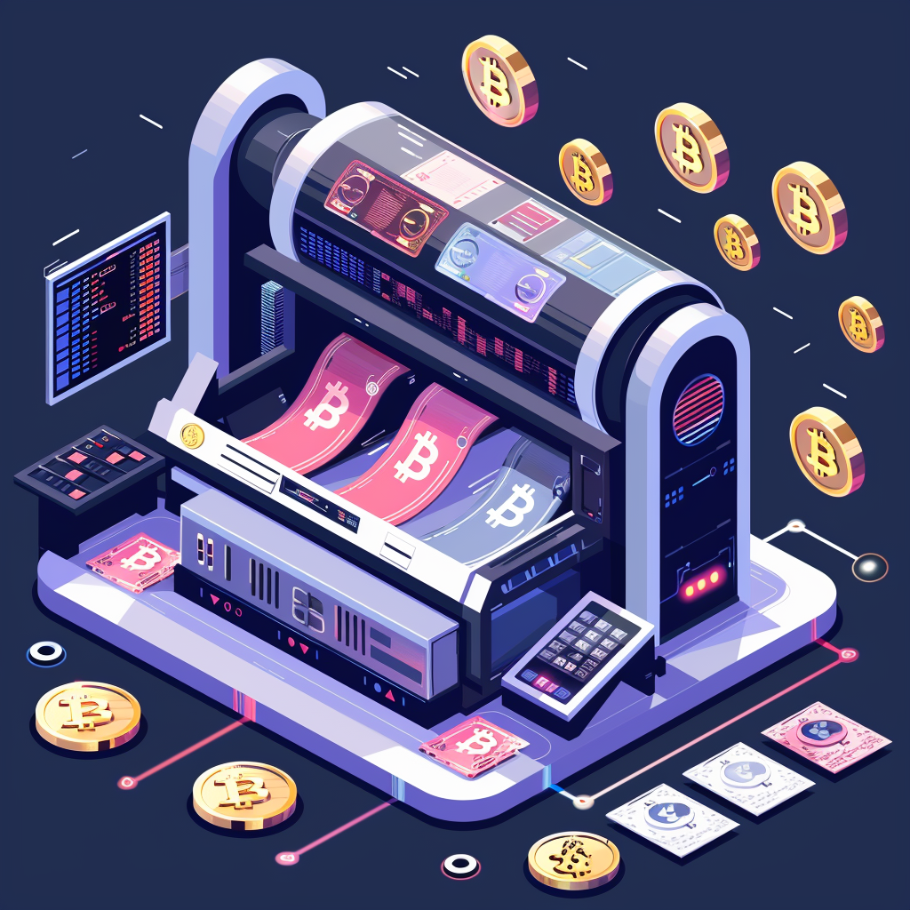 Isometric machine printing crypto coins