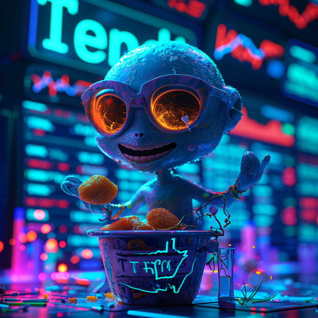 Glowing Crypto Slime Alien Holds Chicken Tendies