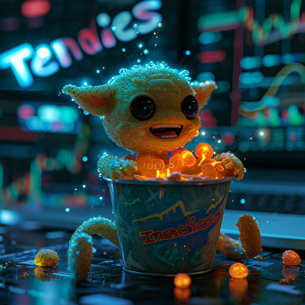 Crypto slime alien with bucket of glowing chicken tendies