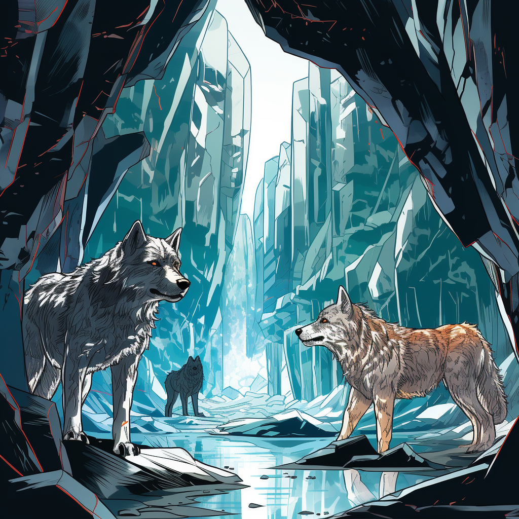 Three fairy tale wolves in a magical crystal cave