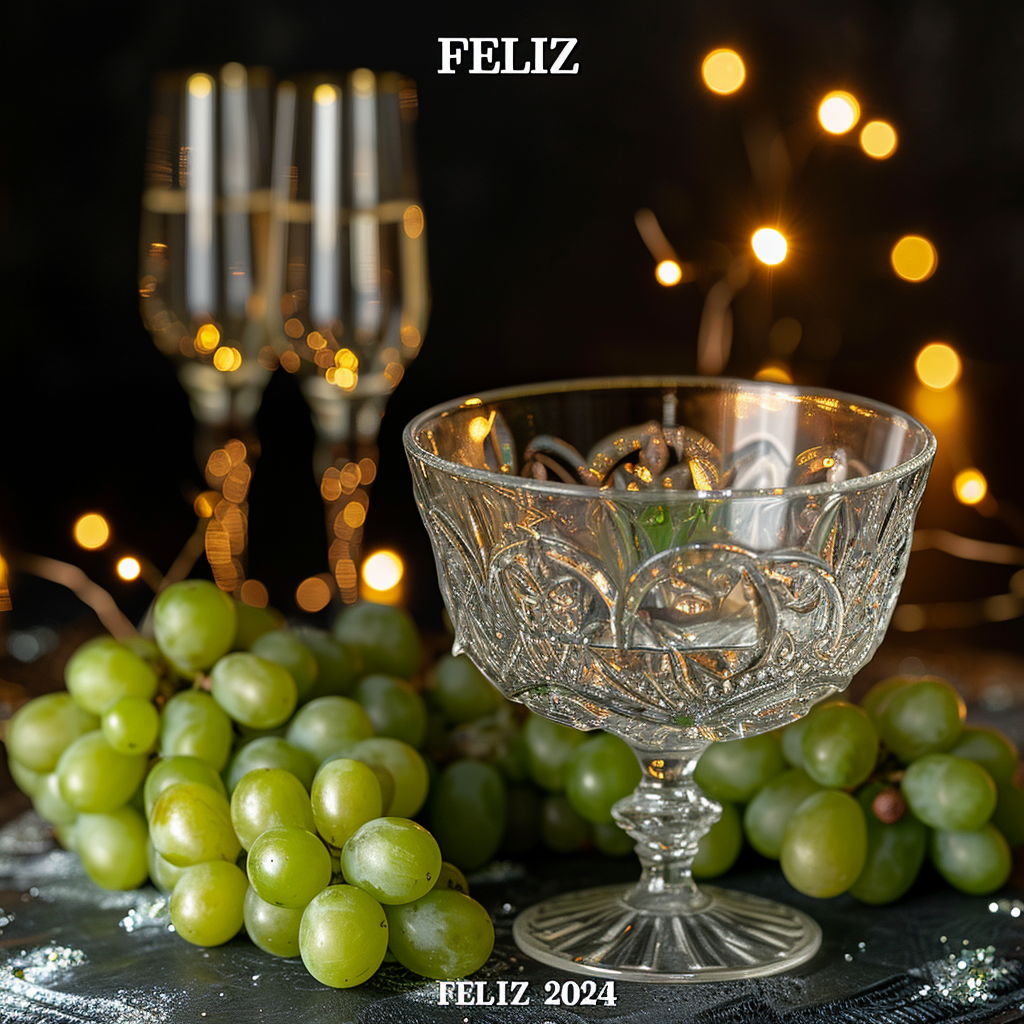 Crystal cup with green grapes and champagne glasses