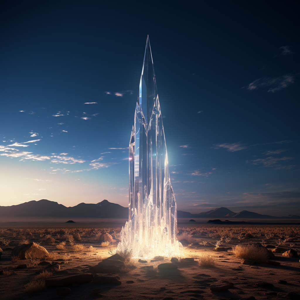 Glowing crystal glass spikes in barren desert