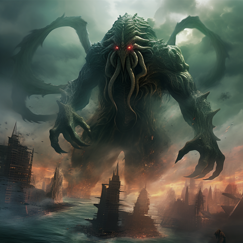 Cthulhu protecting Atlantis cityscape