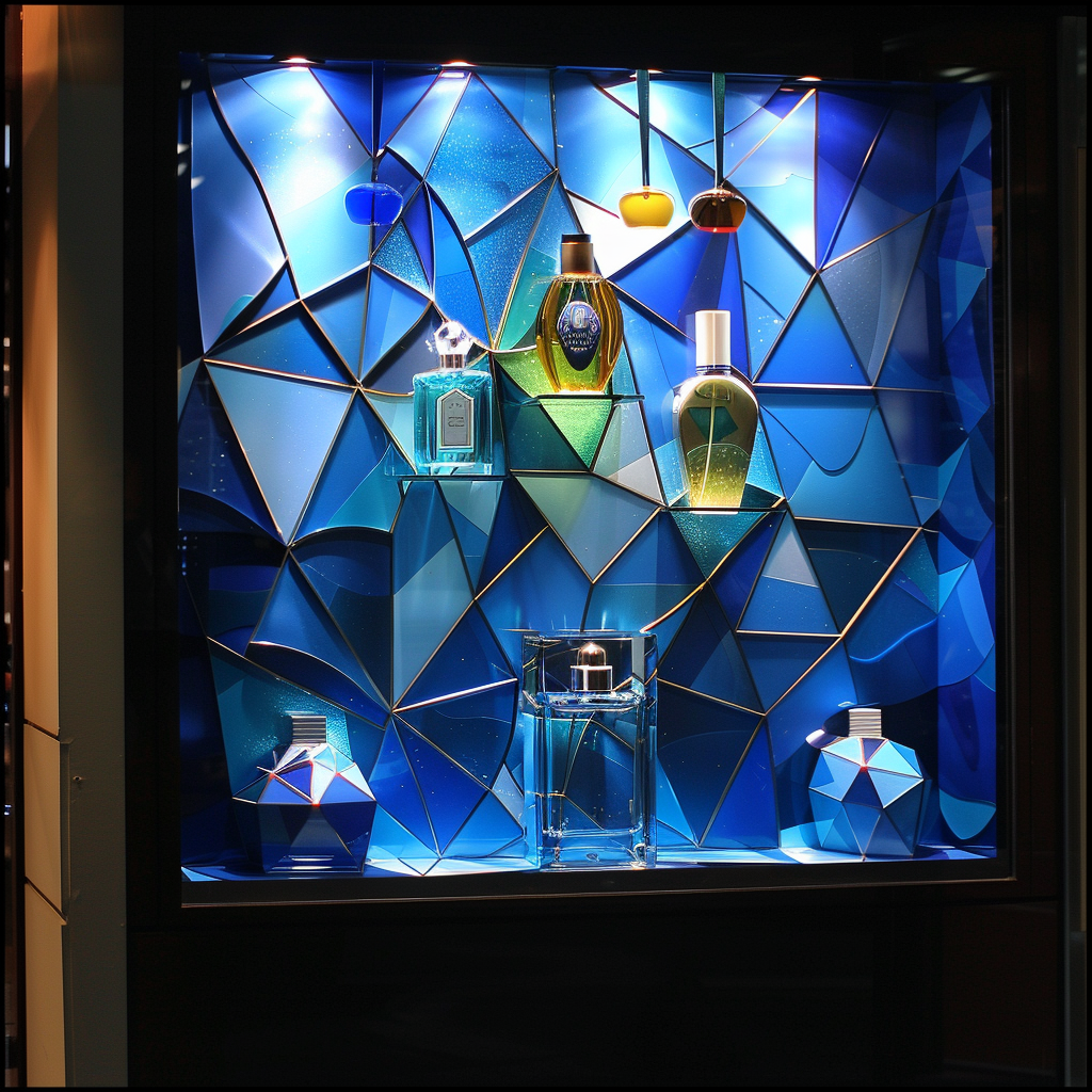 Blue perfume in cubism display