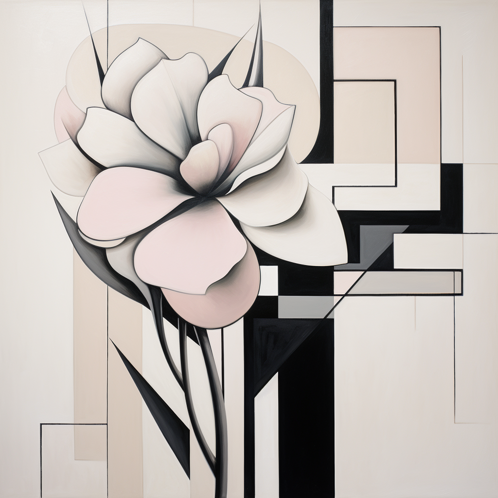 Cubist flower art on white background with pale pink accents