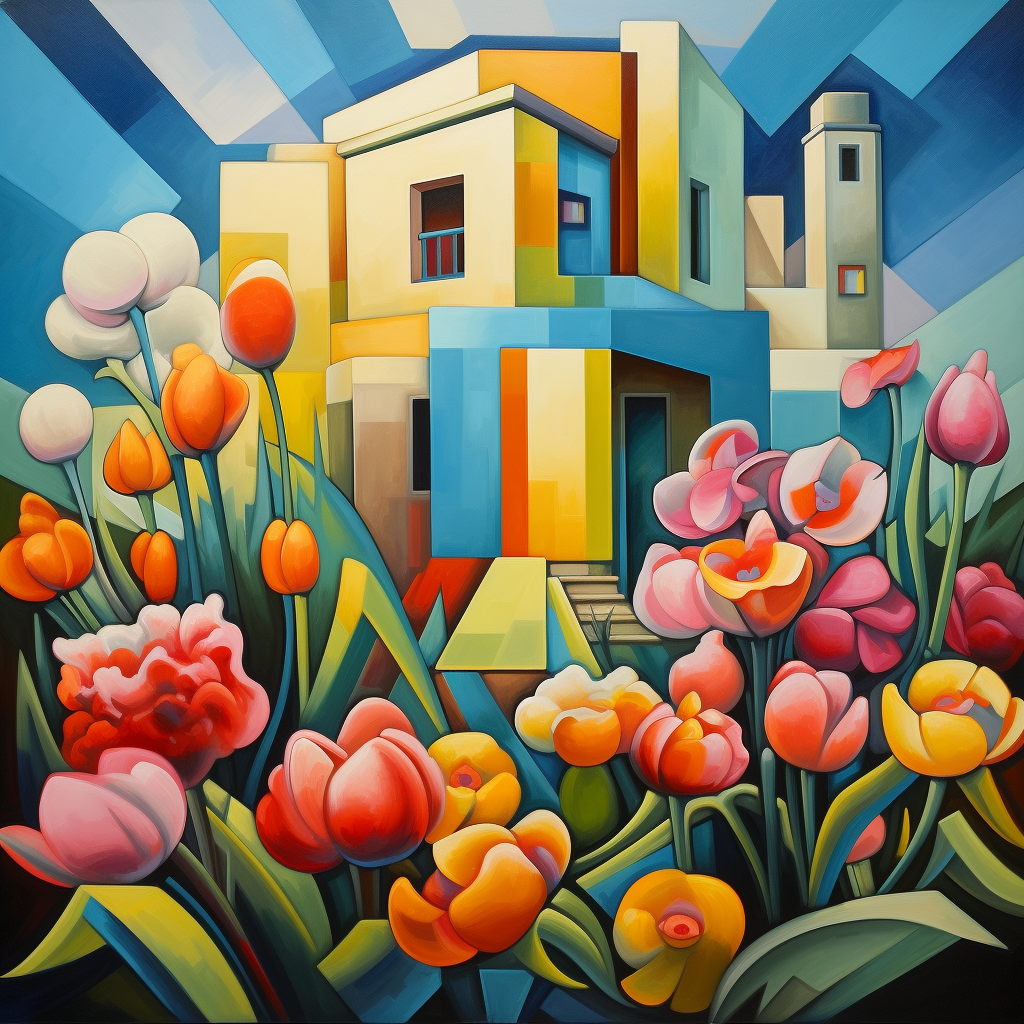 Cubist style house with flower garden