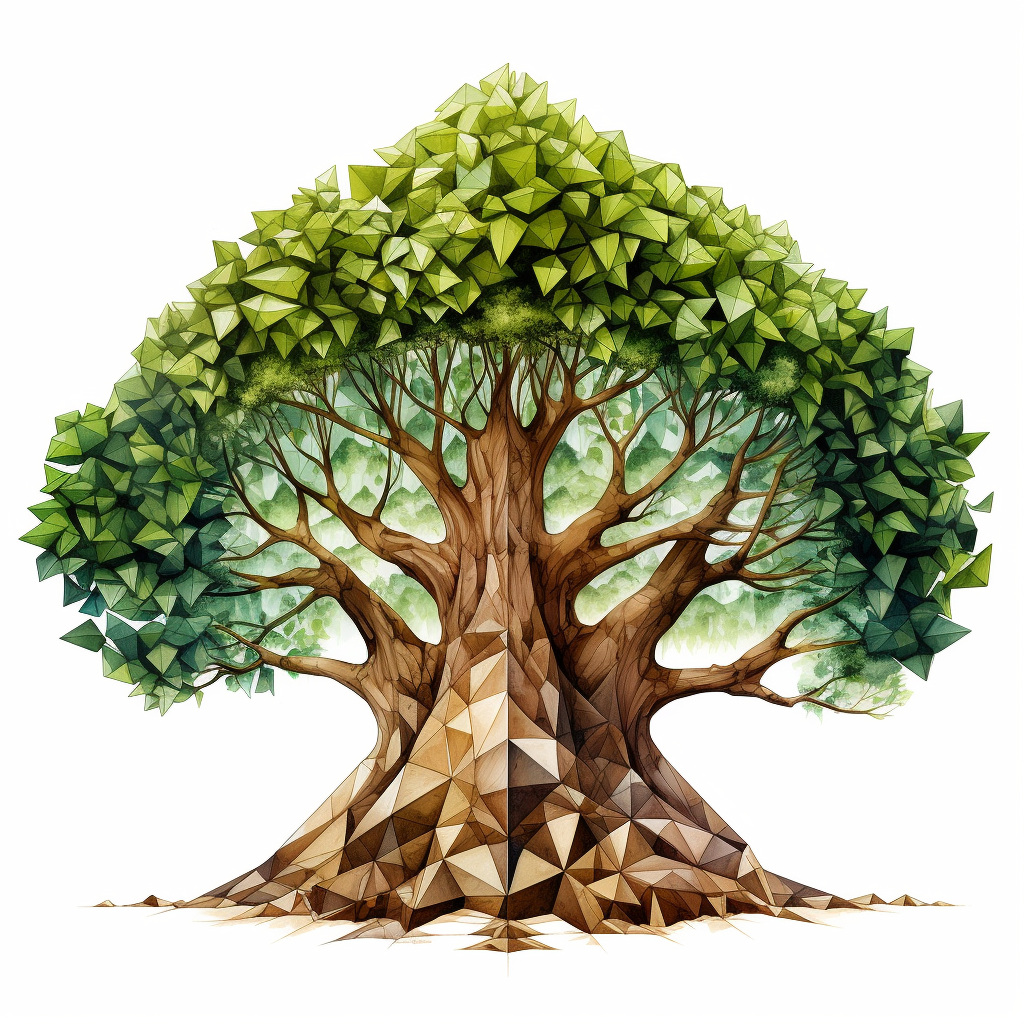 Cubistic illustration of big tree with root system