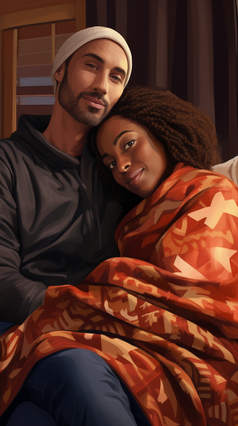 Couple cuddling on couch with blanket