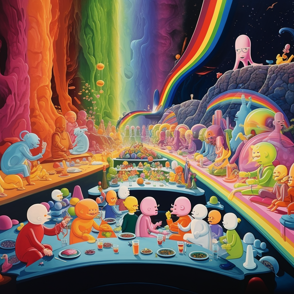 Colorful cartoon of bald men and women eating goo