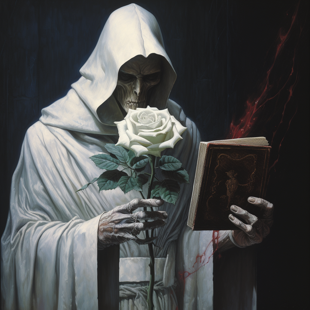 Religious cultists holding a white rose