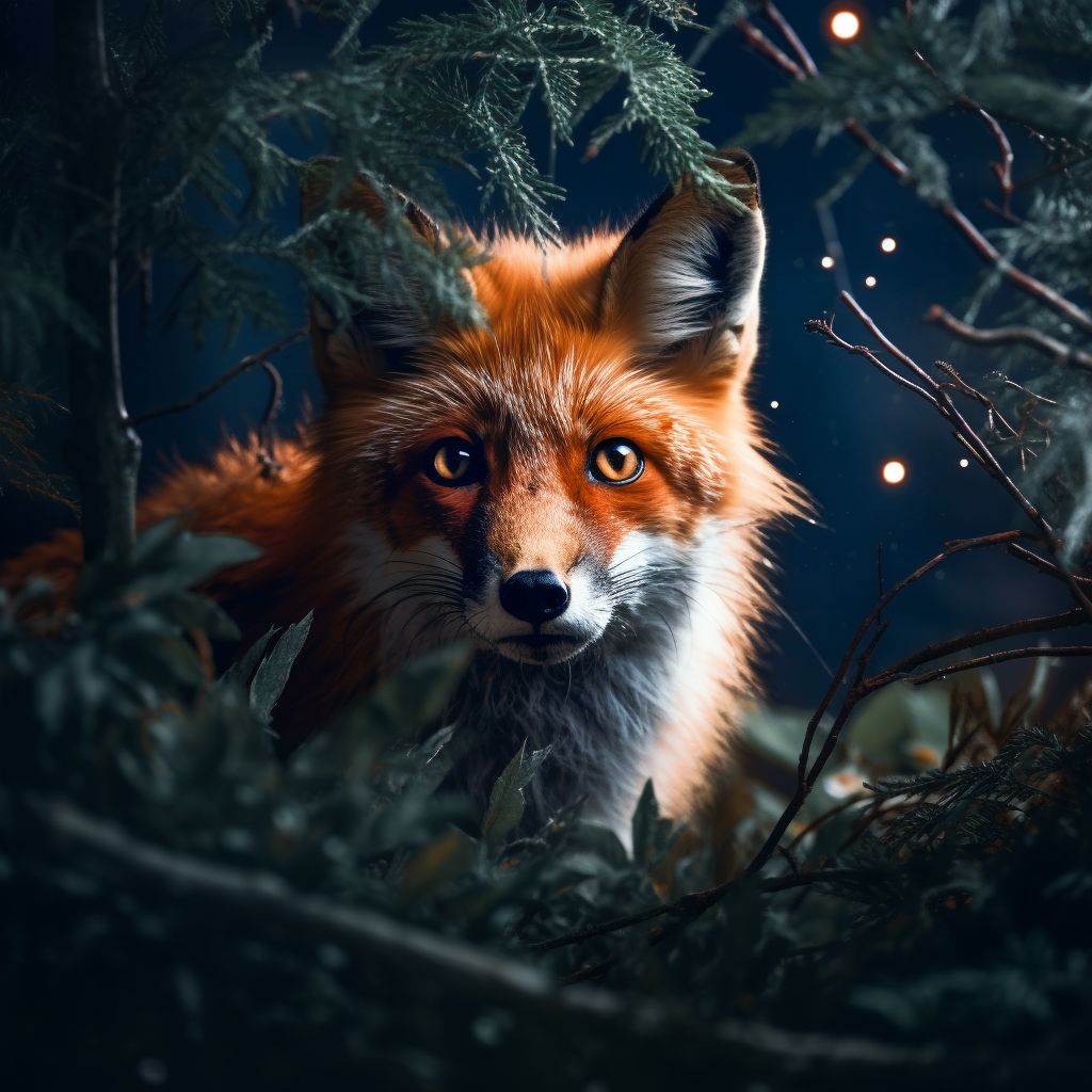 Fox peering in dark night