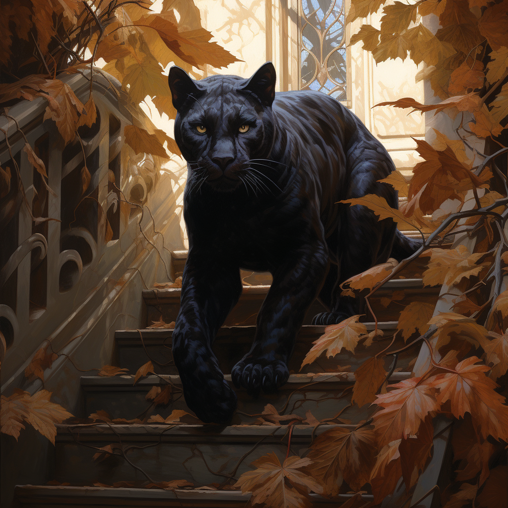 Black panther with a cunning smile on stairs