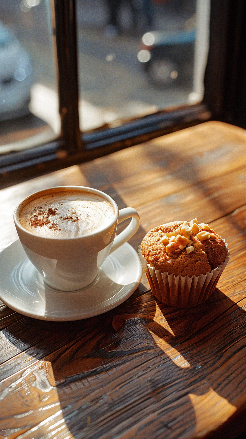 Cup of coffee with muffin on wooden table