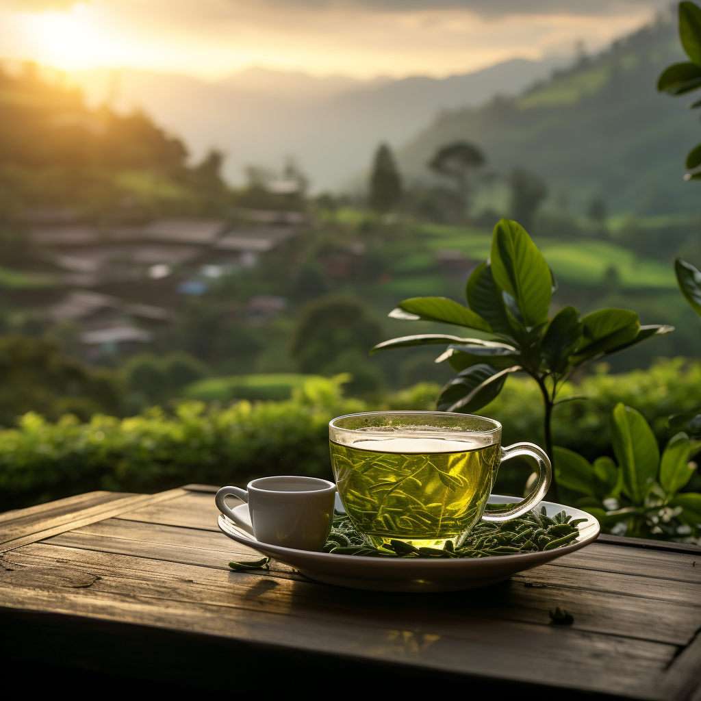 Cup of Green Tea with Javanese Nature View