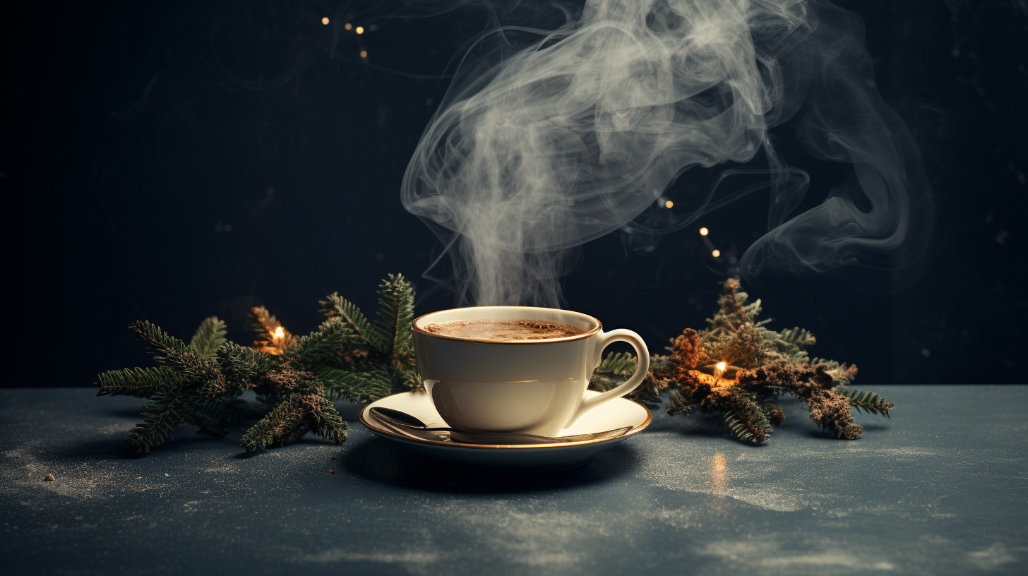 A festive cup of coffee next to a Christmas tree