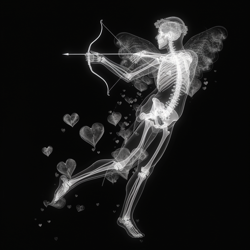 X-ray image of Cupid shooting arrow with highlighted bone structure and floating hearts