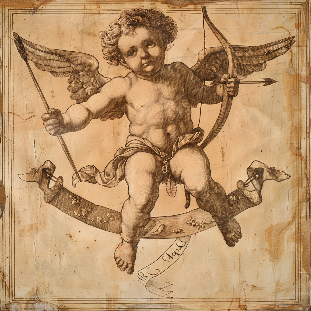 Cupid holding arrows and banner