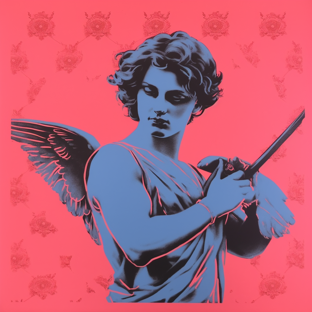 Colorful screen print of an adult male Cupid