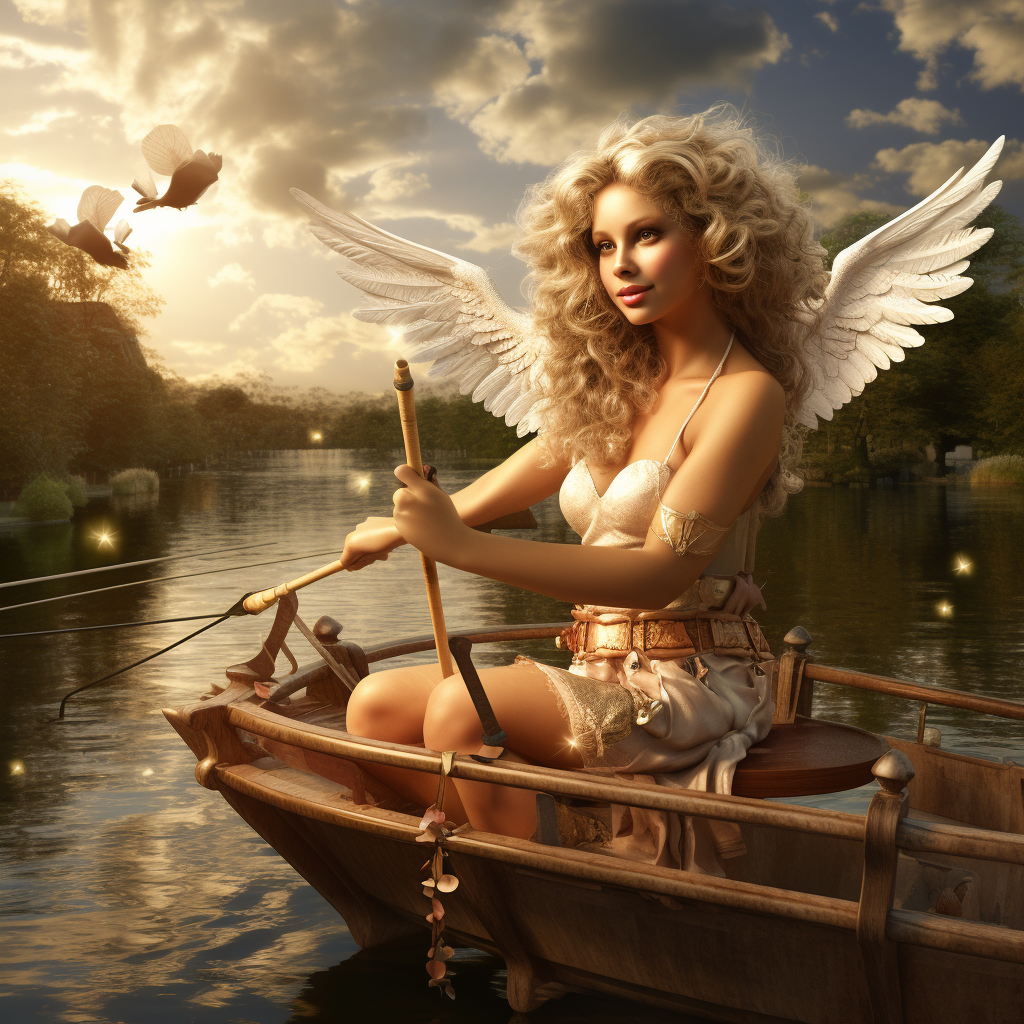 Realistic Cupid Fireman Shooting Love Arrow on Boat Lake