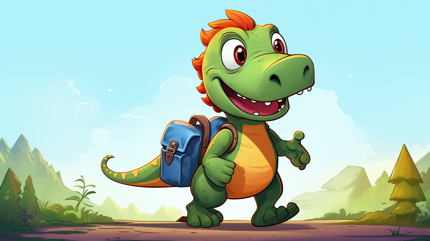 Small dinosaur carrying backpack explores the world