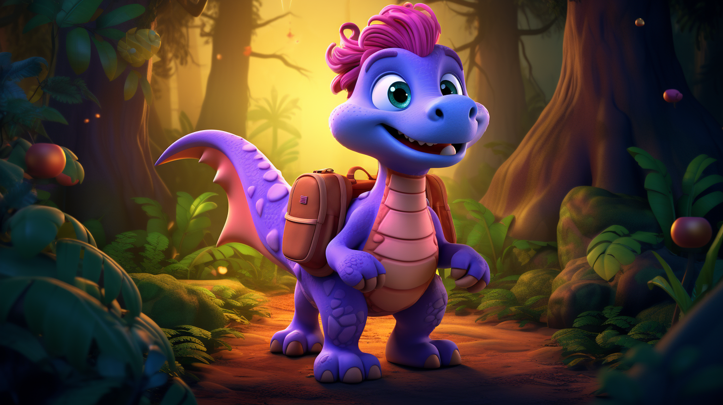 Small curious dinosaur with backpack in prehistoric forest