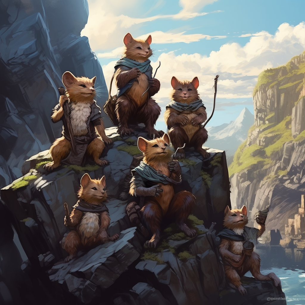 Group of friendly kobolds exploring rocky hillside