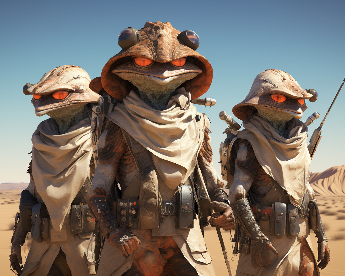 Three curious lizard alien nomads wandering towards a city