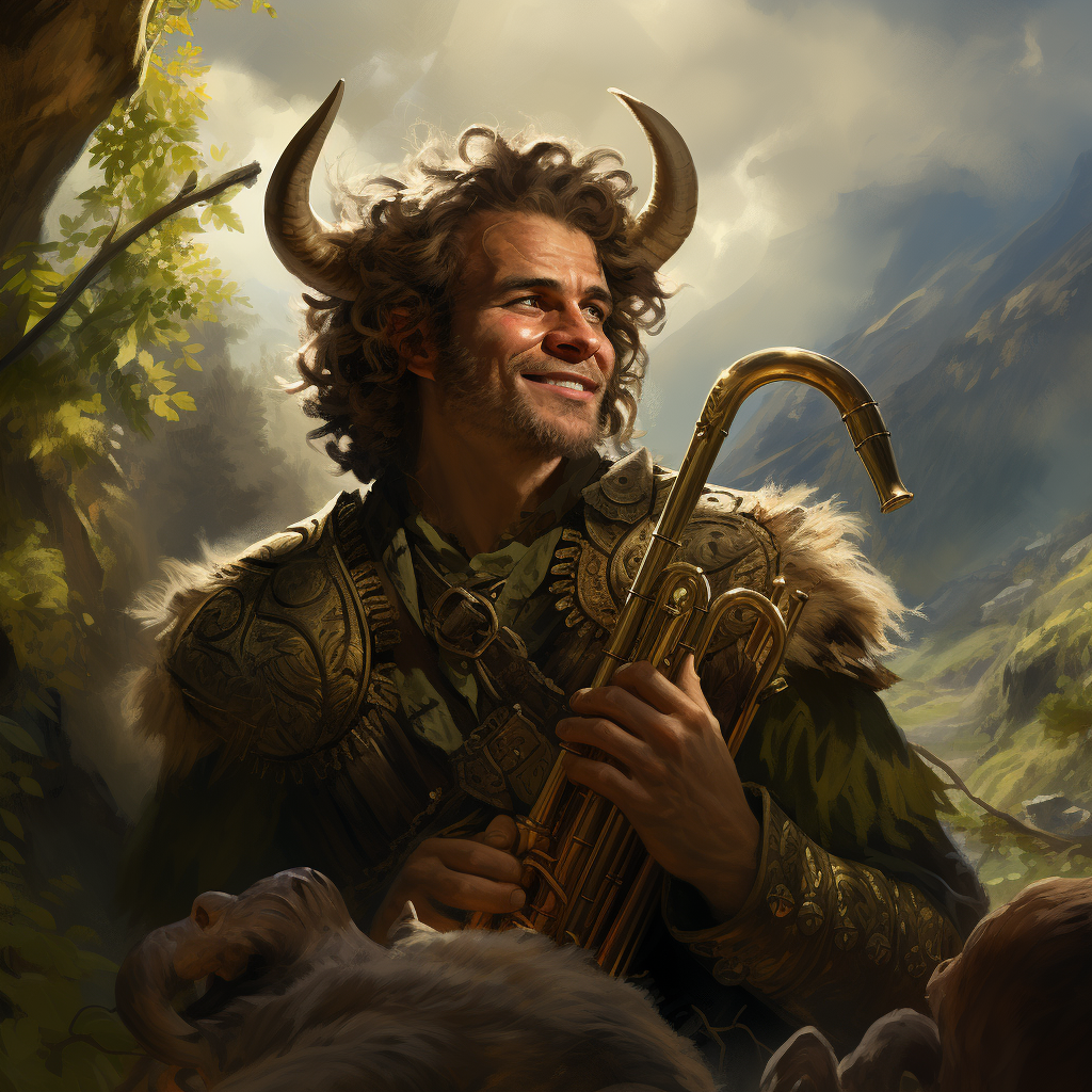 Satyr playing a brass horn at an outdoor medieval festival