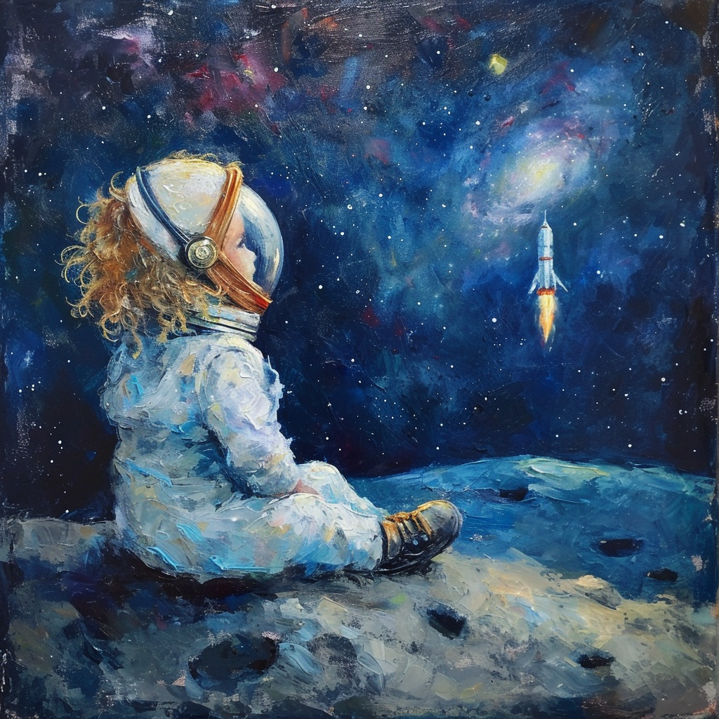 Little girl with astronaut helmet on moon