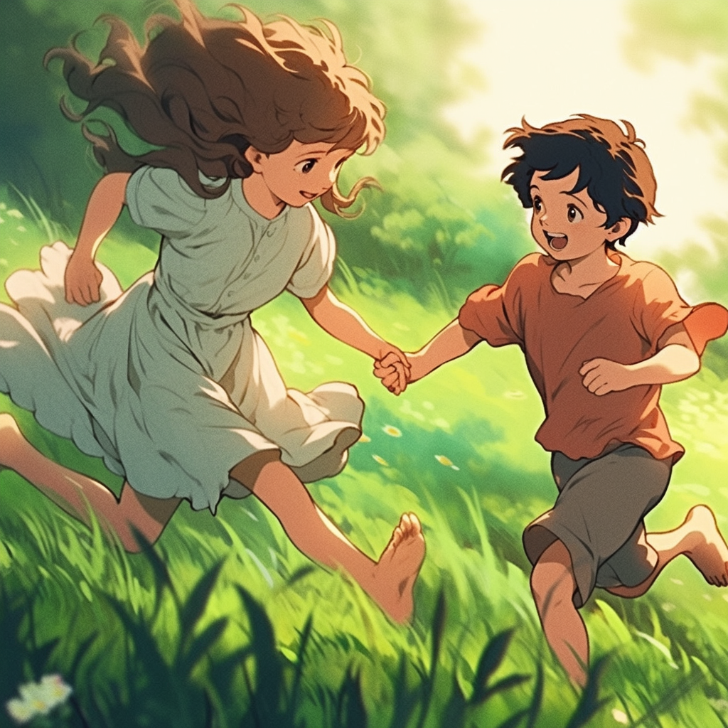 Young girl and boy enjoying a playful run