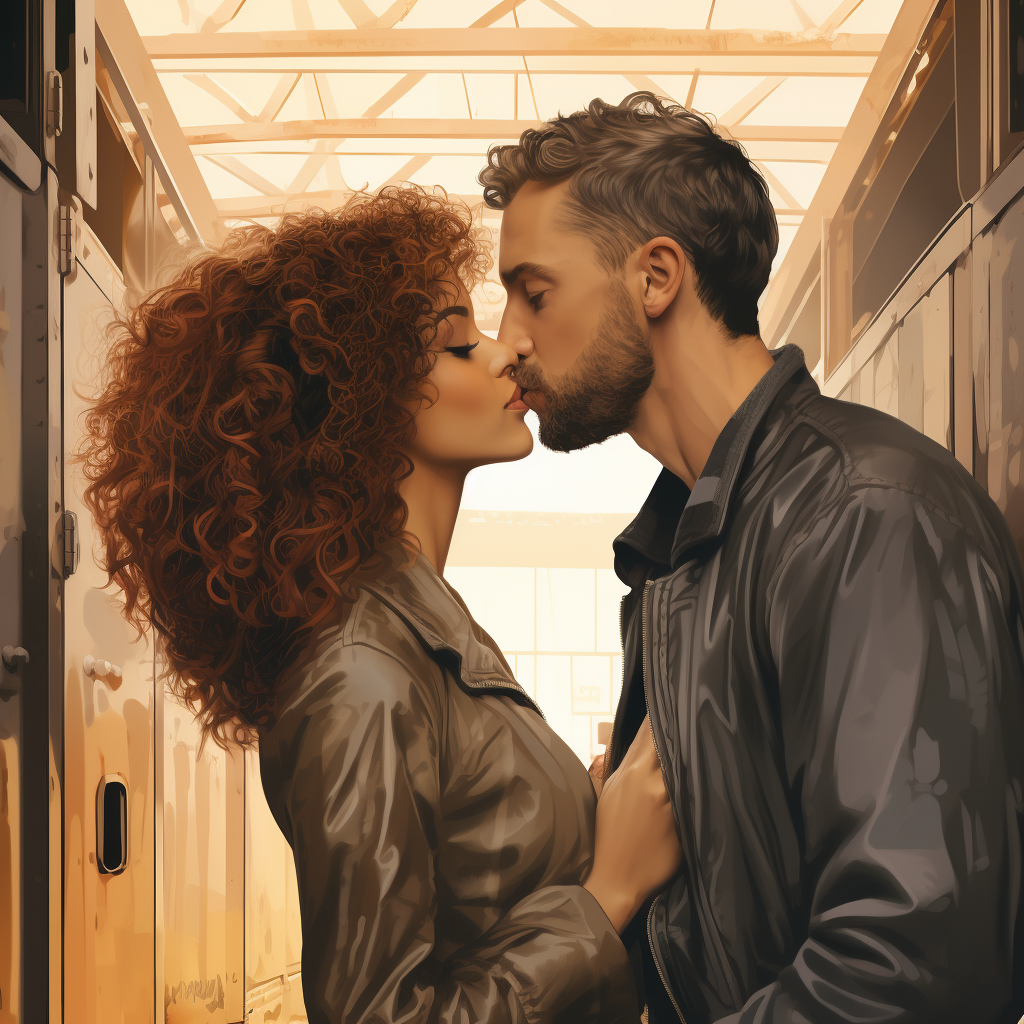 Romantic kiss between a curly-haired girl and a man