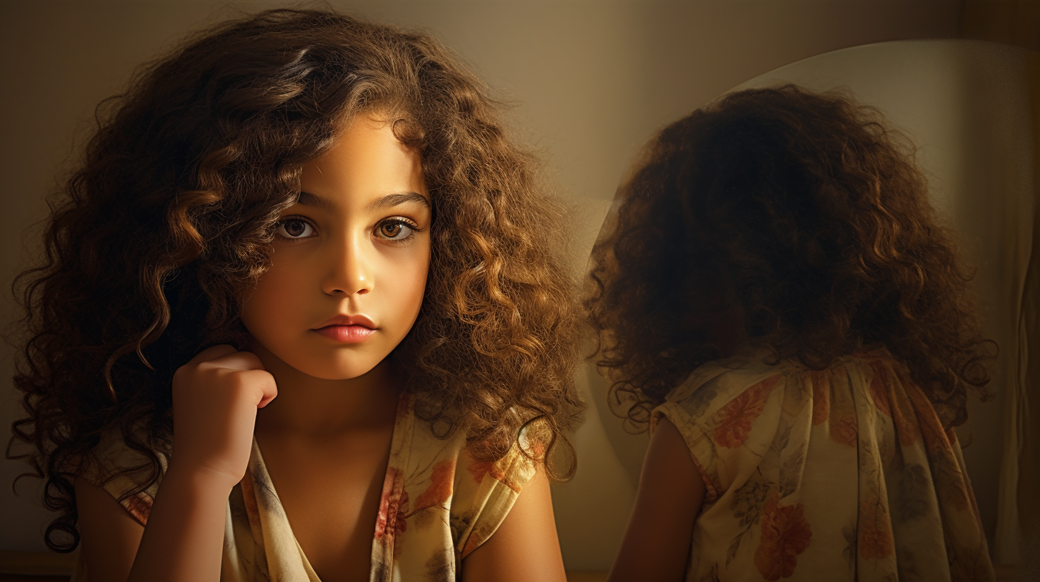 Curly-haired Latina girl putting on cape in mirror