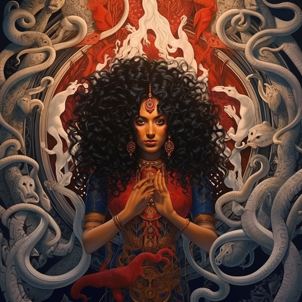 Curly-haired woman as Indian Goddess Kali