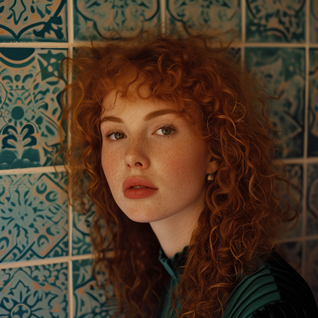 Curly red-head woman indoor portrait