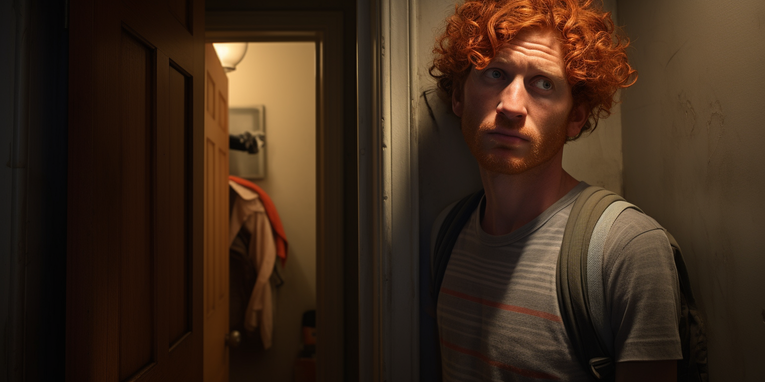 Man with Curly Ginger Hair in Hallway