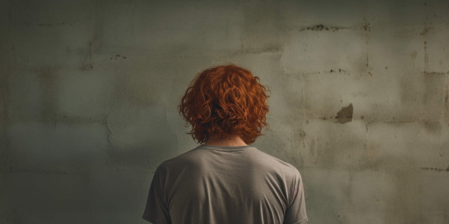 Sad curly-haired man against wall