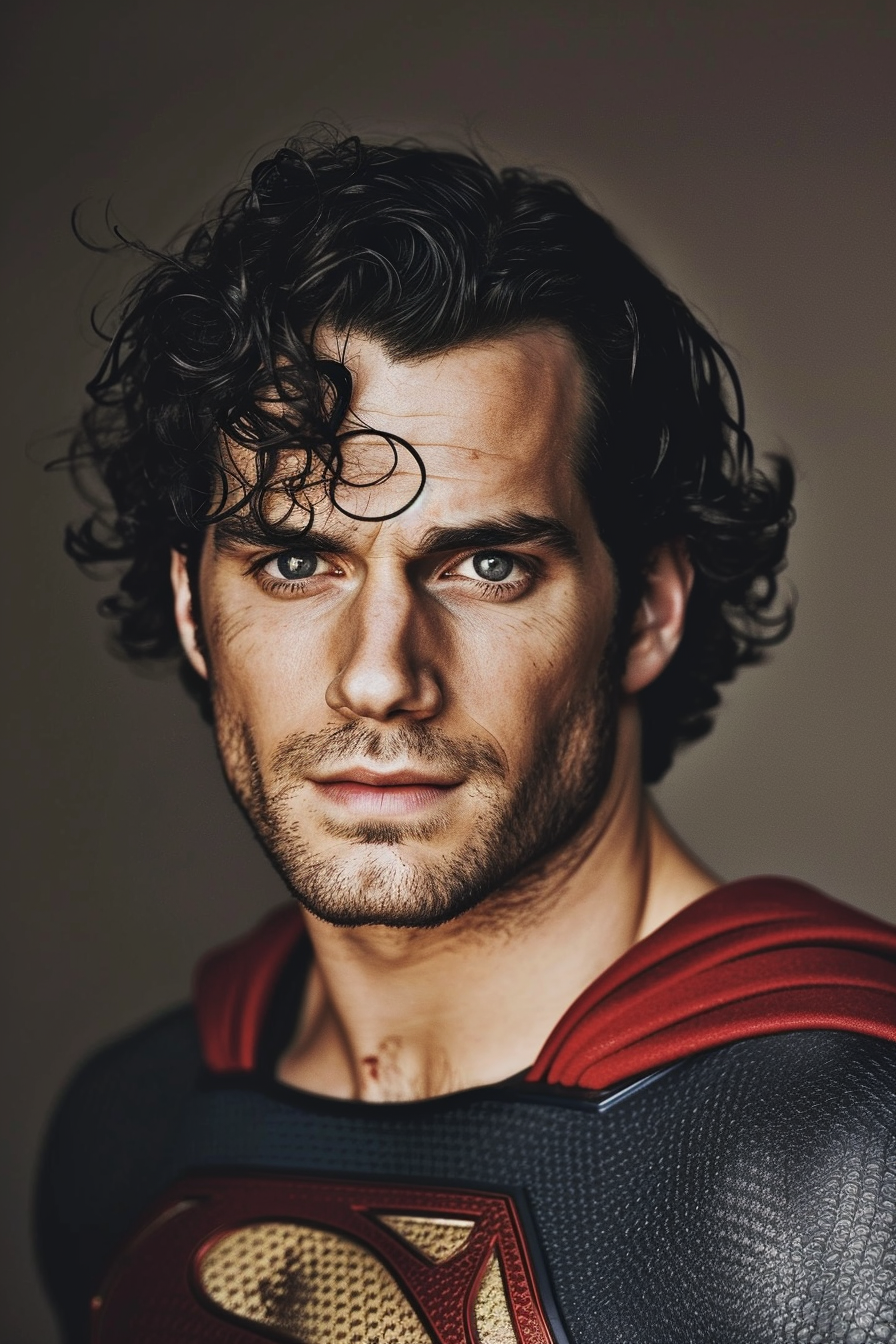 Henry Cavill with curly hair as Superman