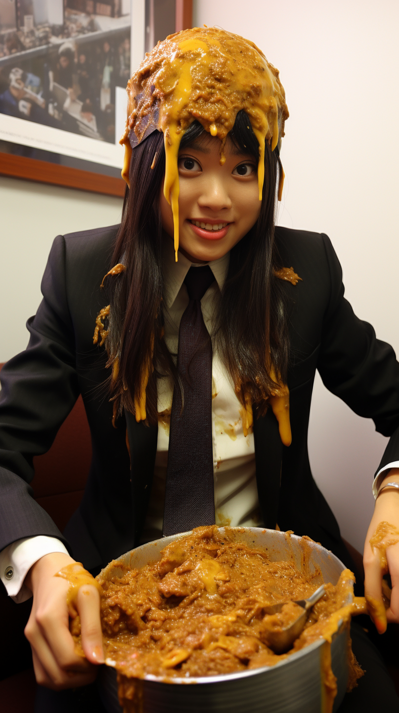 Japanese woman with curry sauce on head