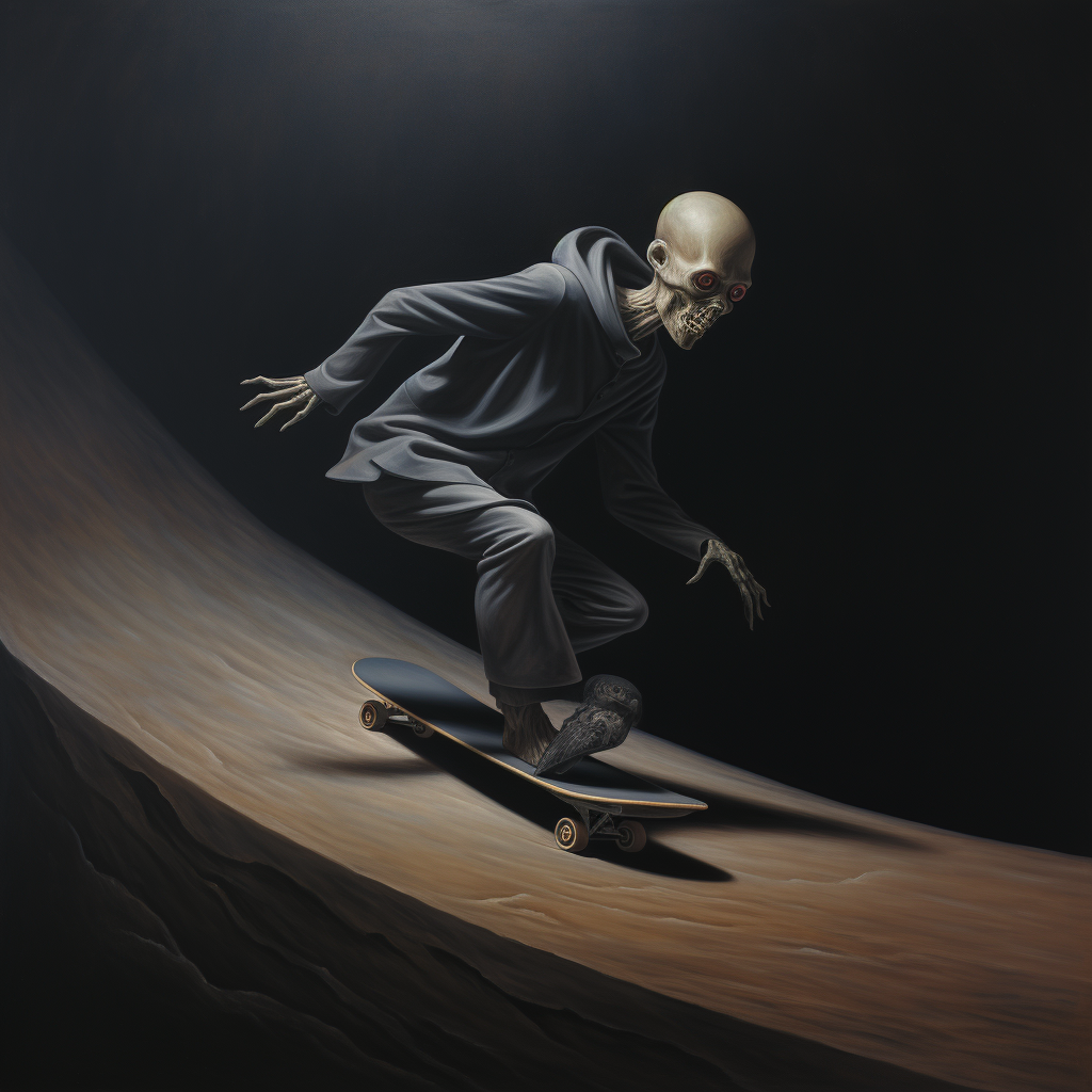 Cursed Skateboarder in Surrealistic Grotesque Style