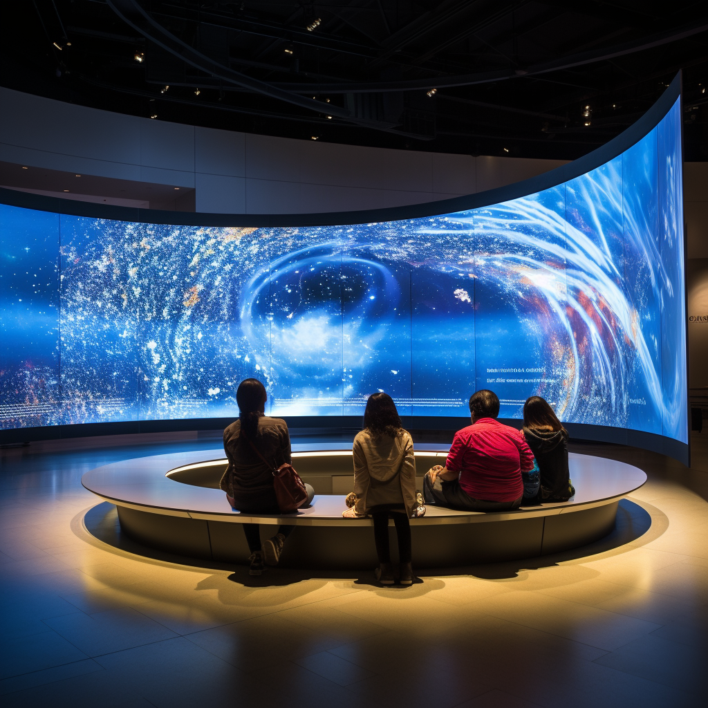 People sitting in front of large curved screen