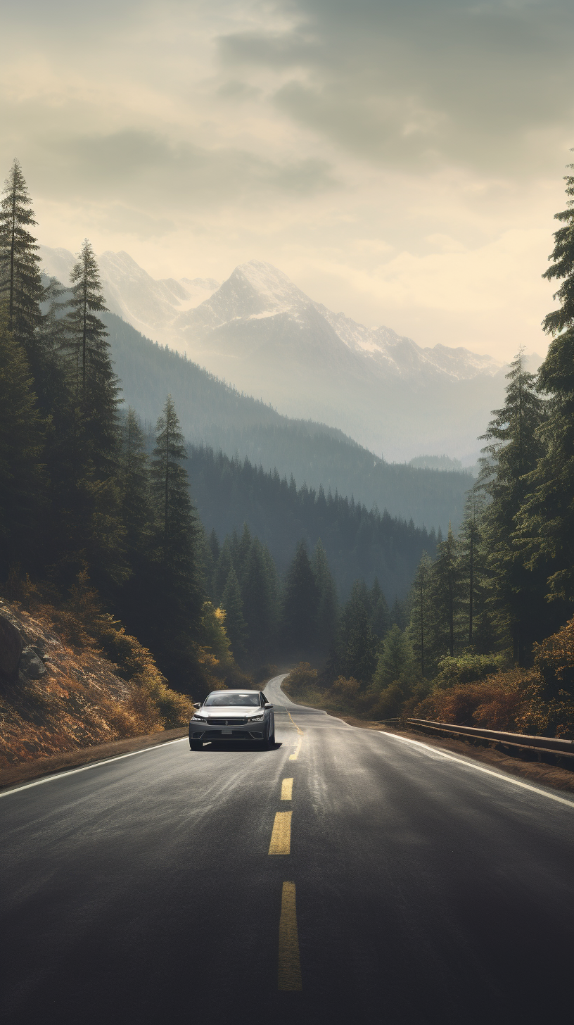 Scenic road in forest with mountains